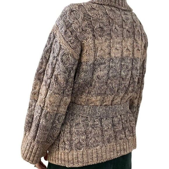 Vintage Womens Hand Knit Brown Wool Oversized Cable Fisherman Cardigan Sz L - Picture 8 of 9